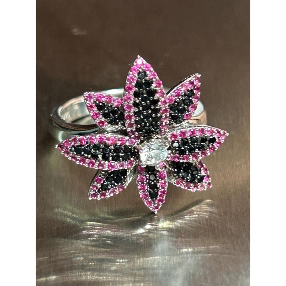 Susy Levian designer pink black clear sapphire flower 925 Sterling cluster ring